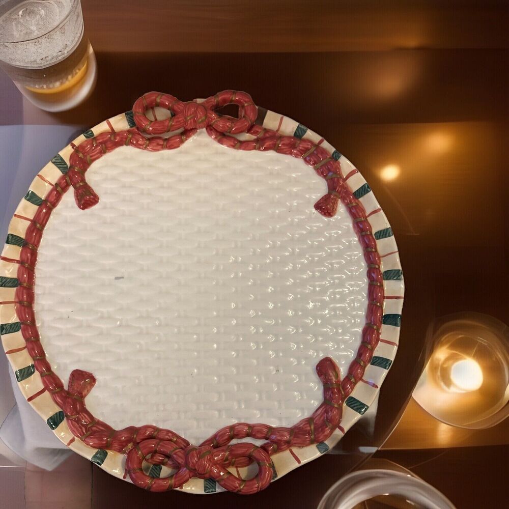 1996 Christmas Rope Ribbon Basket Weave Vintage Ceramic Porcelain Cake Plate